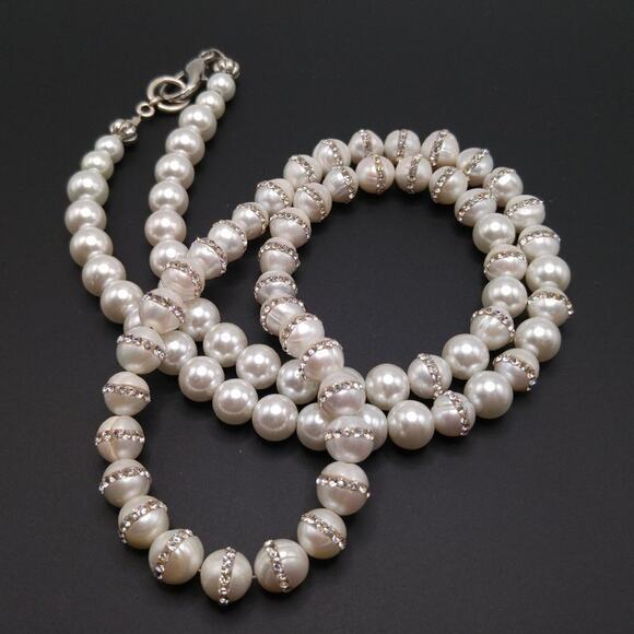 Handmade Freshwater Pearls Inlayed Clear Rhinestones Pearl Necklace, 32 Inches - Picture 2 of 12